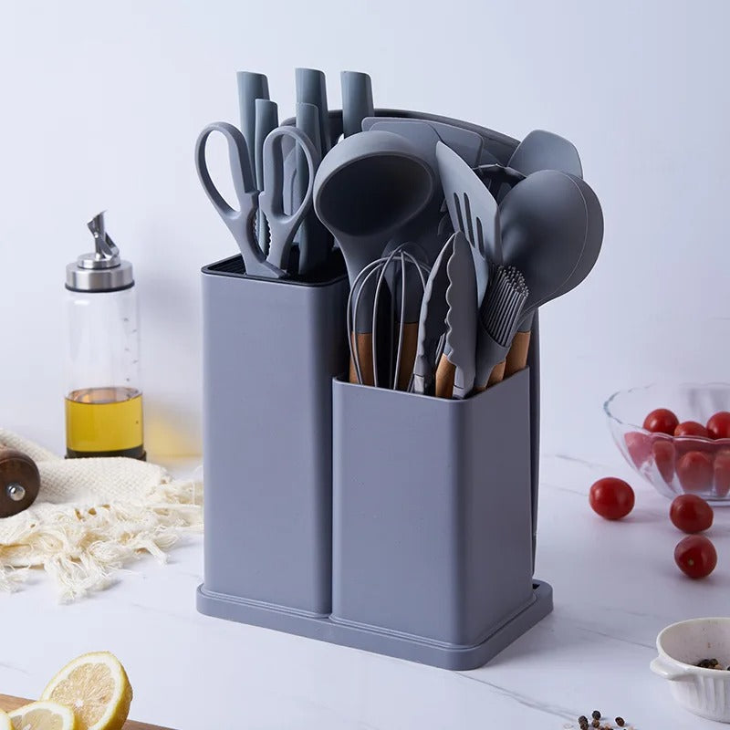 Kit Completo Jogo Utensílios de Cozinha Luxo 19 Peças Com Tábua em Silicone Espátula Faca Tesoura