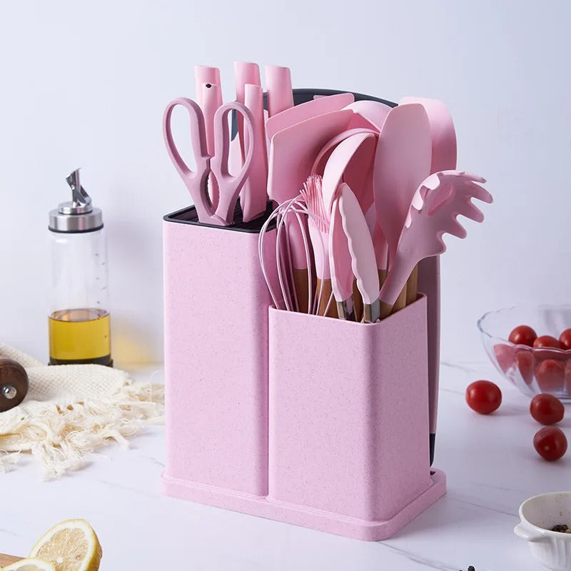 Kit Completo Jogo Utensílios de Cozinha Luxo 19 Peças Com Tábua em Silicone Espátula Faca Tesoura