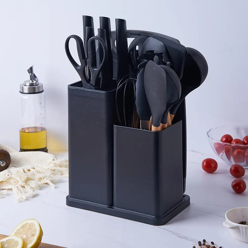 Kit Completo Jogo Utensílios de Cozinha Luxo 19 Peças Com Tábua em Silicone Espátula Faca Tesoura