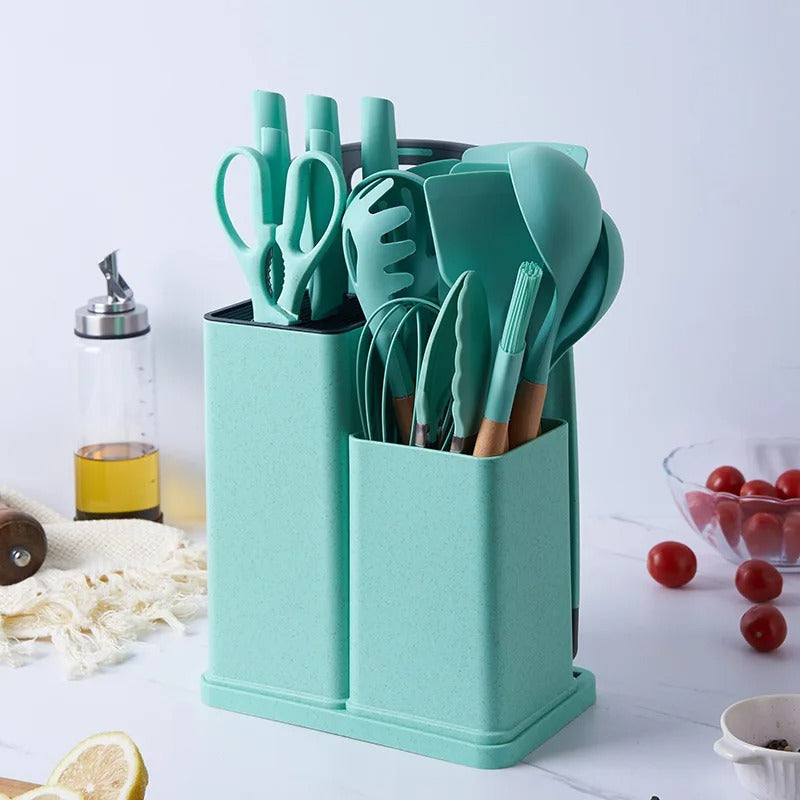 Kit Completo Jogo Utensílios de Cozinha Luxo 19 Peças Com Tábua em Silicone Espátula Faca Tesoura